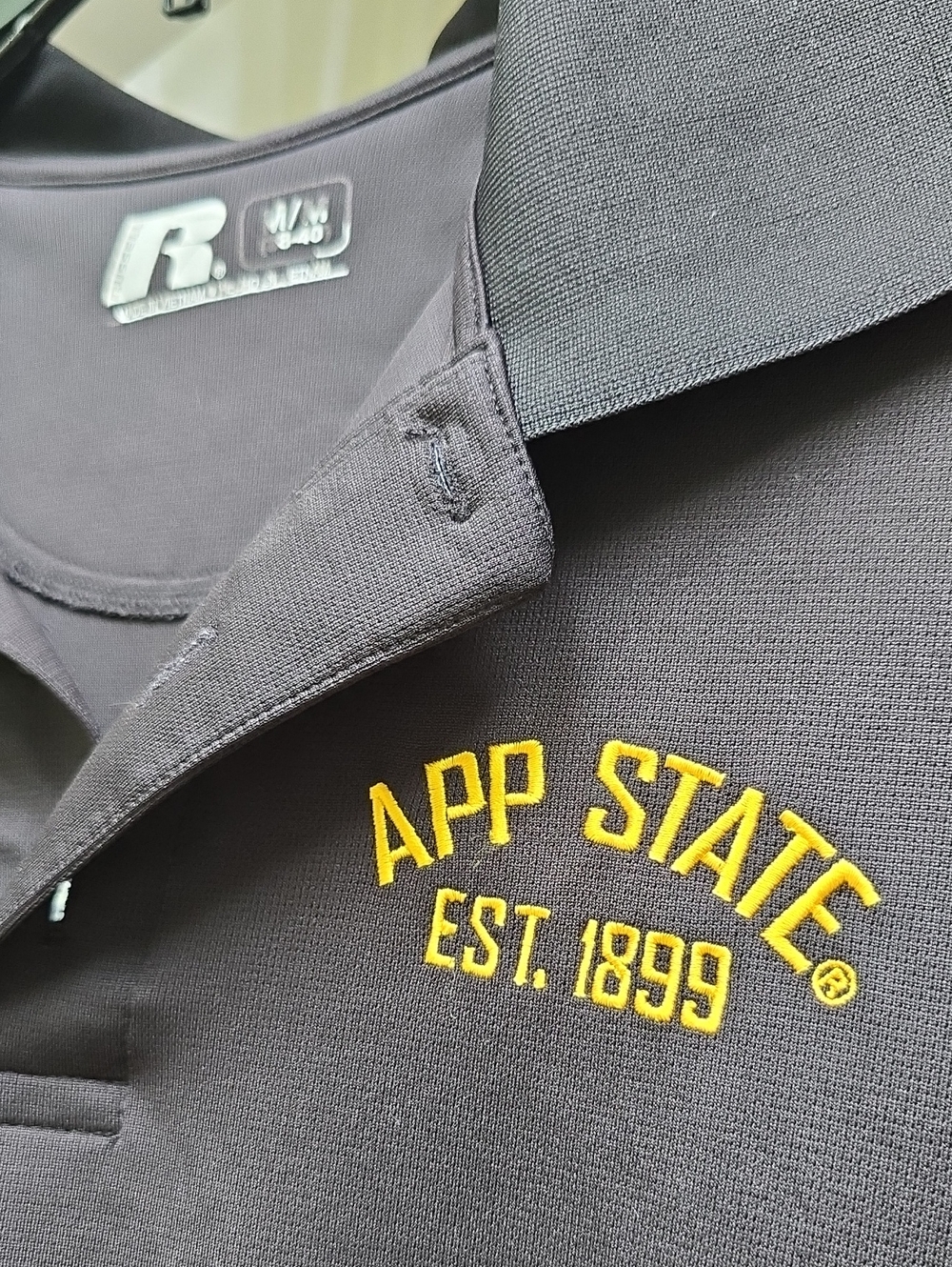 Russell Athletic Black Polo with Yellow App State Embroidery